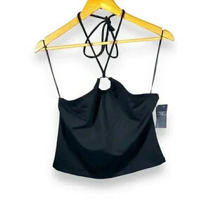 NWT Abercrombie & Fitch black  cropped O-ring tie neck halter top XL